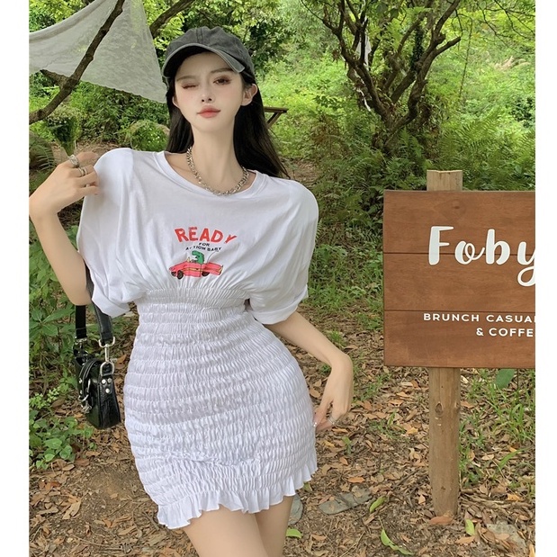 Đầm Tay Ngắn Cổ Tròn Dáng Ôm In Họa Tiết Hoạt Hình Phong Cách Hàn Quốc Thời Trang Mùa Hè Xinh Xắn Cho Nữ