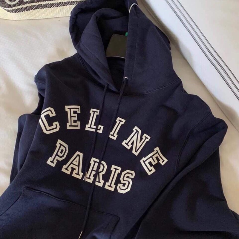 Áo Nỉ Hoodie Mũ Paris Màu Xanh Than Dáng Rộng Giấu Quần