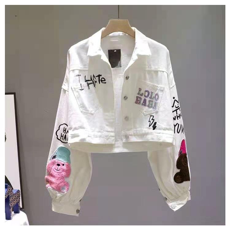 Áo Khoác Denim Dáng Ngắn In Hoạt Hình Gấu Dễ Thương Thời Trang 2023 Cho Bạn Gái