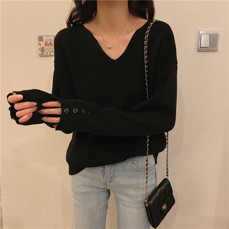 Áo Sweater Dệt Kim Cổ Tim Xinh Xắn Cho Nữ 173069Áo Cổ Thấp Dáng Rộng Màu Sắc Đơn Giản Phong Cách Hàn Quốc