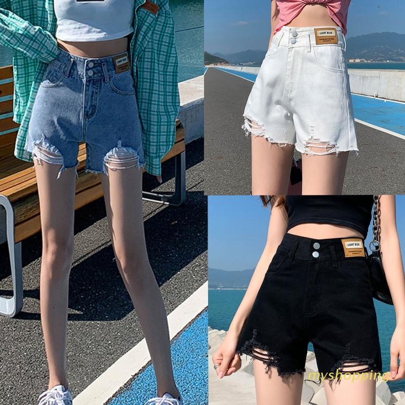 Quần Short Jean Lưng Cao Phối Nút Rách Cá Tính Cho Nữ