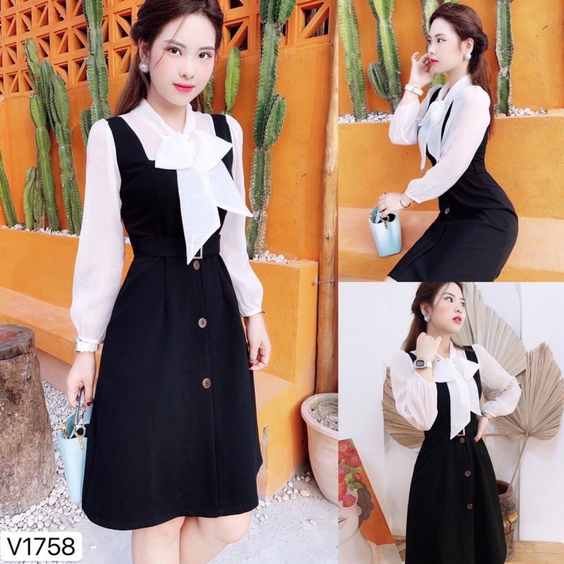 V1758 thiết kế tay dài pha trắng kèm ảnh thật