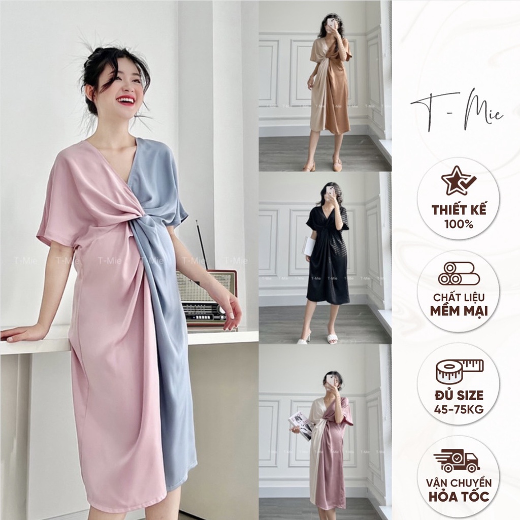 T-Mie | Đầm Bầu Thiết Kế Cổ V Lụa Xoắn Siêu Sang Trọng ,Công Sở Đi Tiệc Đẹp