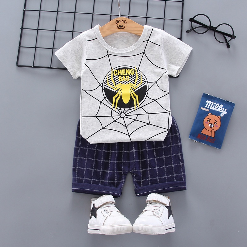 Bộ quần áo người nhện trẻ em Quần áo bé trai 2 mảnh bộ 0-4 tuổi Cậu bé Dễ thương phim hoạt hình ngắn tay áo thun + quần short