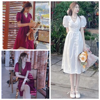 Đầm nữ thiết kế cổ tim maxi cúc bọc tay bồng dáng dài thanh lịch - 7shine