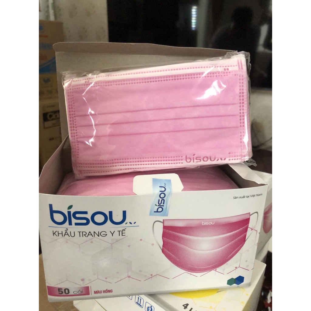 03 hộp Khẩu trang Y tế Bisou 4 lớp màu hồng