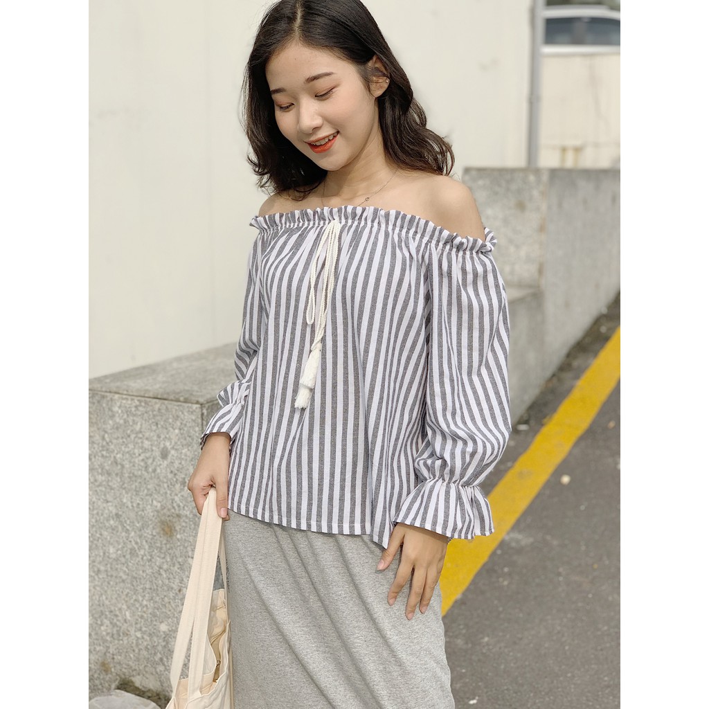 áo trễ vai đũi kẻ sọc to ngực dây nơ TKA200 LOLLIE STUDIO