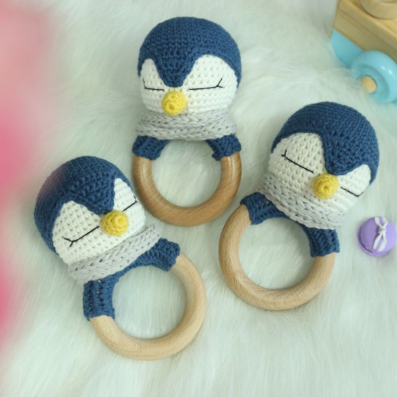 Đồ Chơi Lục Lạc Đan Móc Thủ Công Hình Động Vật Không BPA Dành Cho Bé Mọc Răng