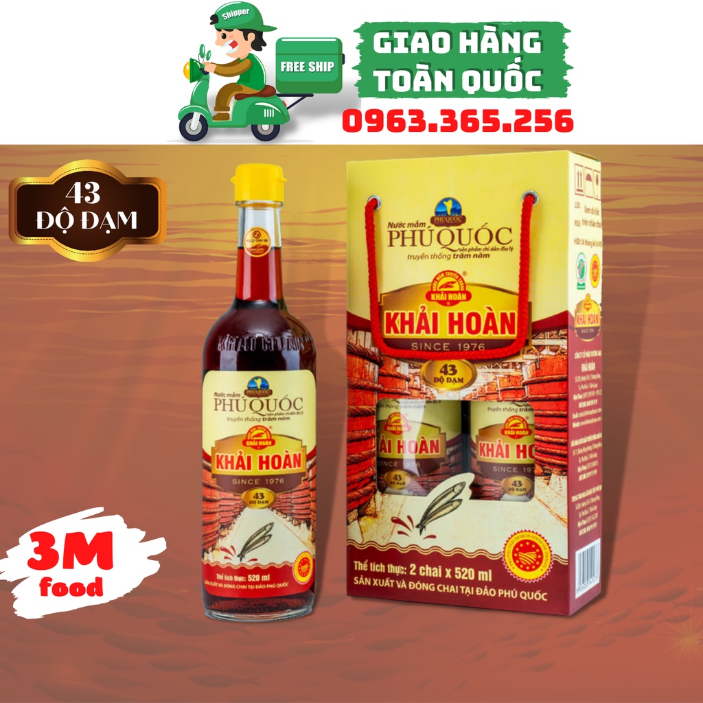 Xách 2 chai 520ml Nước mắm Phú Quốc Khải Hoàn 43 độ đạm / Nước mắm Truyền Thống - 3M Food NL (Hải Sản Ba Miền)