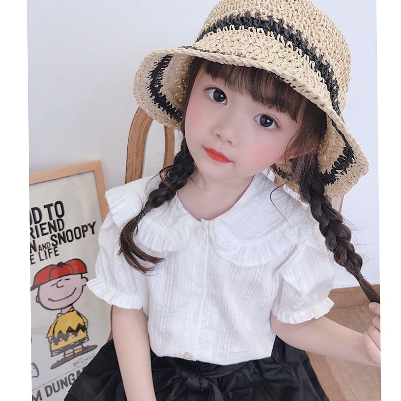 Áo sơ mi tay ngắn cổ tròn màu trắng phong cách Hàn Quốc xinh xắn cho bé gái