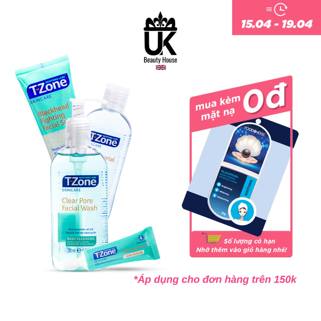 Combo 4 sản phẩm ngăn ngừa mụn tràm trà gel rửa mặt + tẩy da chết + toner + gel chấm mụn T-Zone