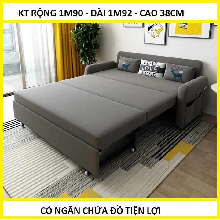 [CAO CẤP] Ghế sofa giường nhiều chế độ rộng 190cm dài 192cm cao 38cm (Tặng 3 gối êm ái), khung thép, có ngăn chứa đồ