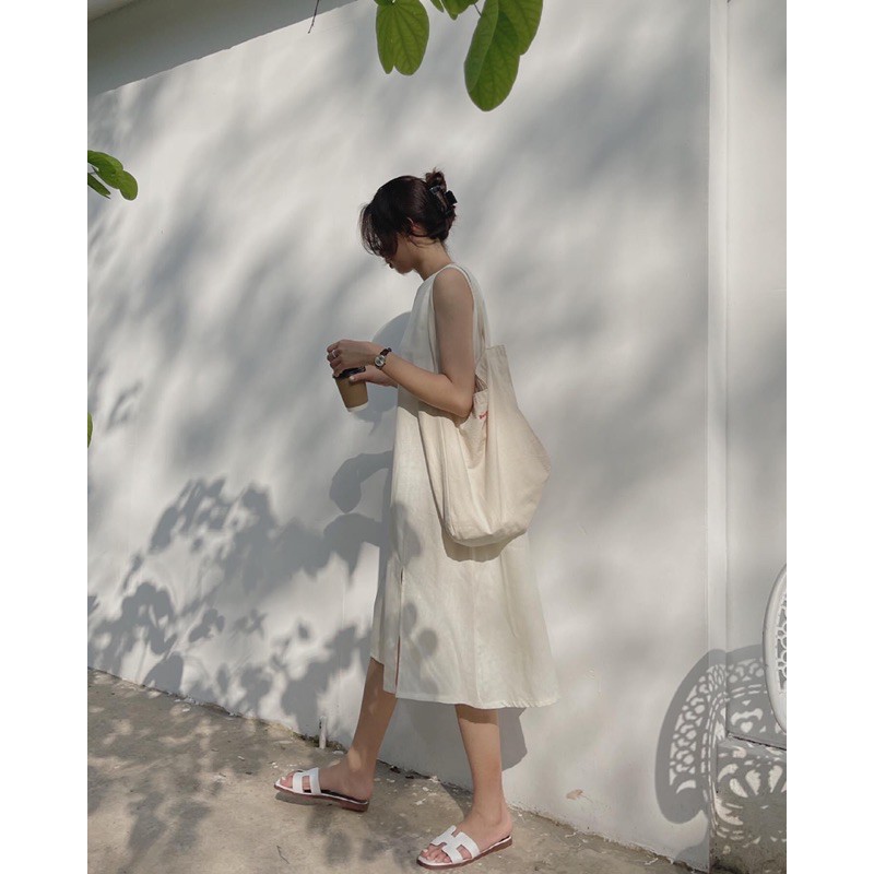 Váy Linen suông ba lỗ xẻ bên phong cách Ulzzang