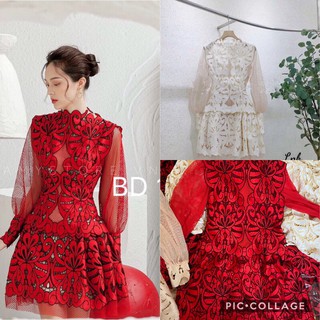 Váy/Đầm cổ tròn thêu hoa phối tay lưới