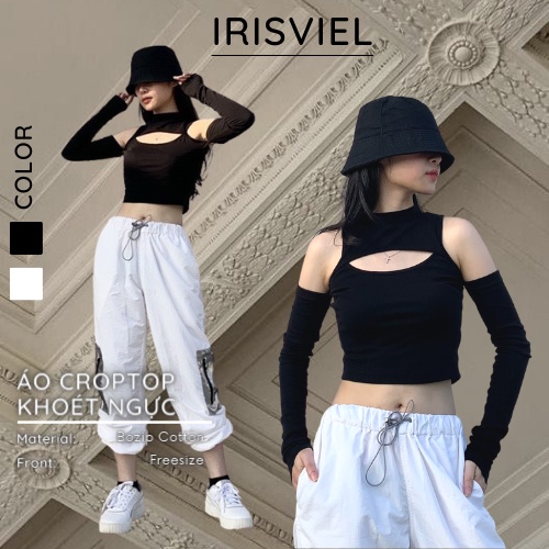 Áo Croptop Khoét Ngực Màu Đen Cá Tính, Ống Tay Dài Chất Borip Thun Ôm Body Freesize IRISVIEL