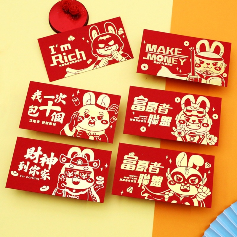 Set 6 Thiệp Mời Đám Cưới / Sinh Nhật Hình Thỏ Năm Mới 2023 Phong Cách Trung Hoa