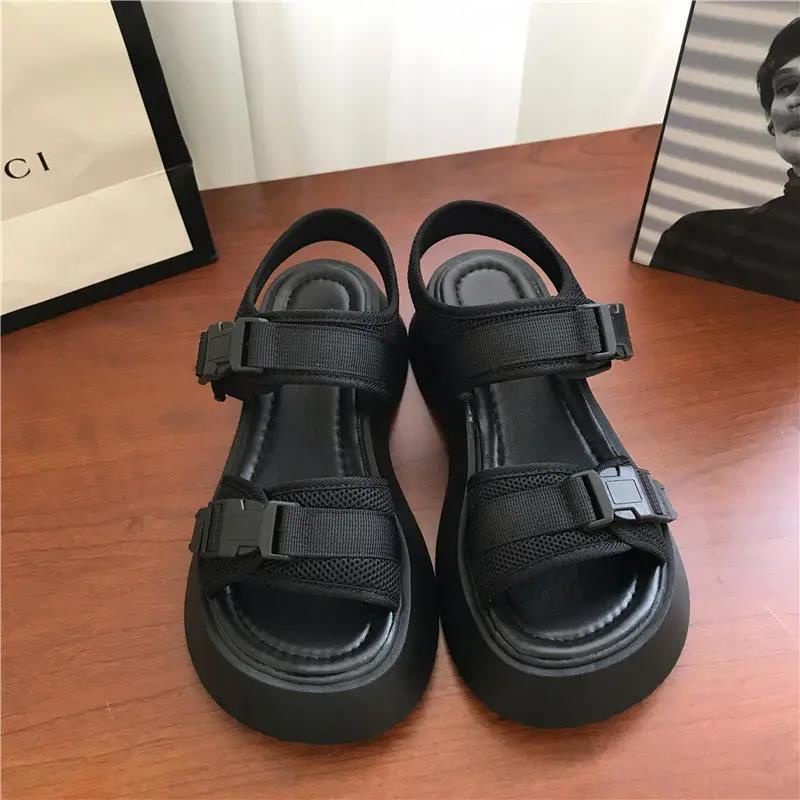 Jiashucheng Giày Sandal Đế Xuồng Dày Màu Đen Phong Cách Harajuku Anh Quốc Dễ Phối Đồ Thời Trang Mùa Hè Cho Nữ