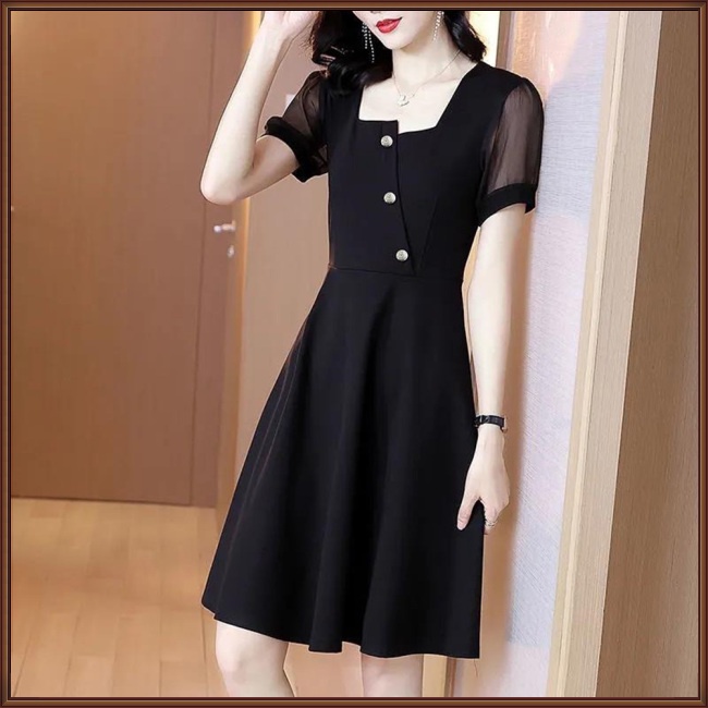 Đầm Tay Ngắn Cổ Vuông Màu Sắc Trơn Thời Trang Dành Cho Nữ