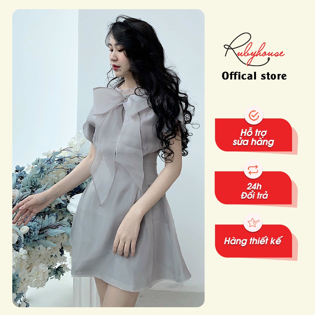 Váy Tơ Organza Cổ Nơ RUBY HOUSE - Váy Chất Organza, Nơ Đính Cườm Thủ Công Xinh Xắn ,Tay Chờm Che Bắp Tay 2968-4