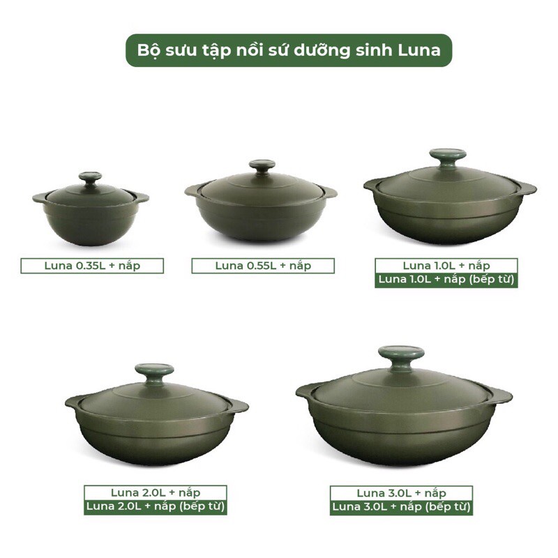 Nồi kho hấp luộc sứ Dưỡng Sinh 2 Quai Luna 1L 2L 3L Bếp Từ, HealthyCook Minh Long I, Việt Nam