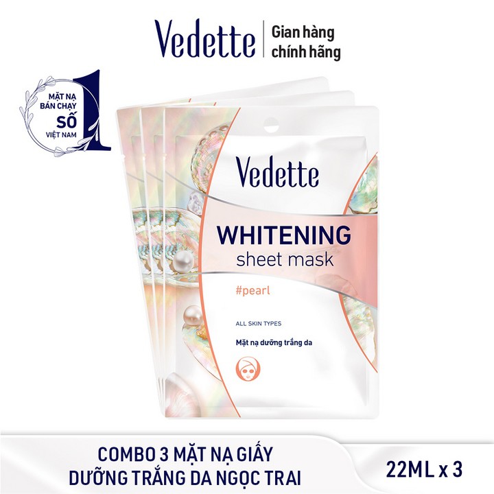 Combo 3 Mặt nạ giấy dưỡng trắng da Ngọc trai Vedette 22ml x 3