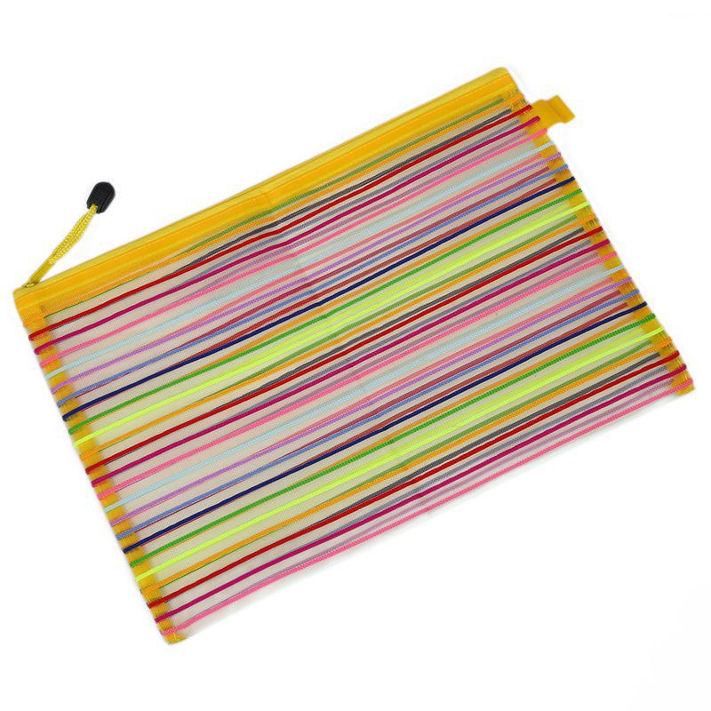 Zip up Nylon Mesh Multicolor Stripes A4 Paper Documents Pen File Bag Folder