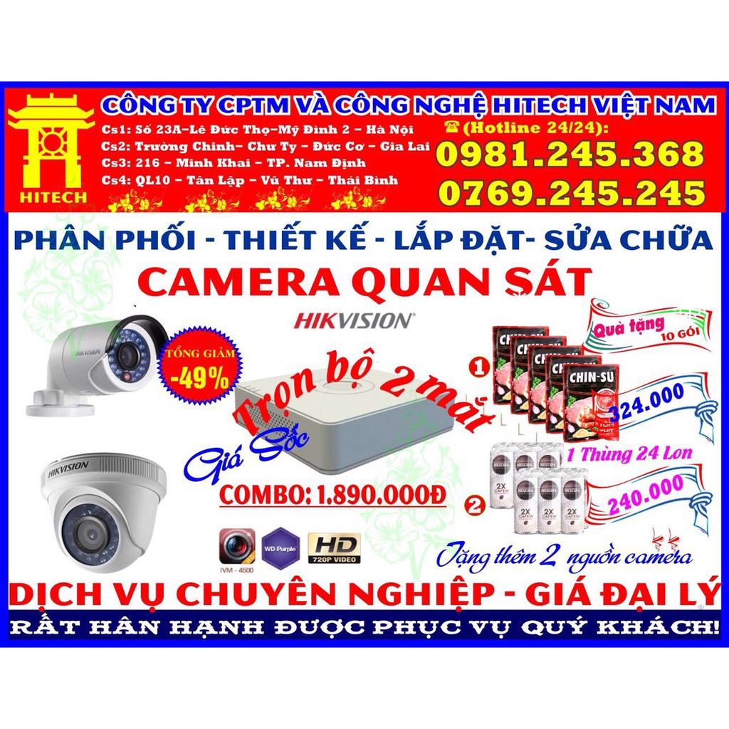 FreeShip Combo Camera Hikvision 2 mắt - Hàng Chính Hãng + Khuyến mại Cực sốc (Có hỗ trợ lắp đặt)