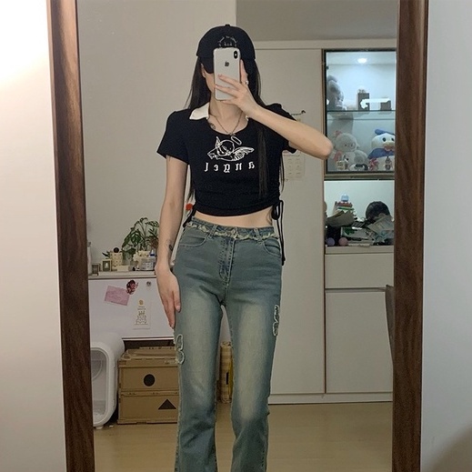 Áo Thun POLO Dệt Kim Tay Ngắn Thêu Họa Tiết Dễ Thương