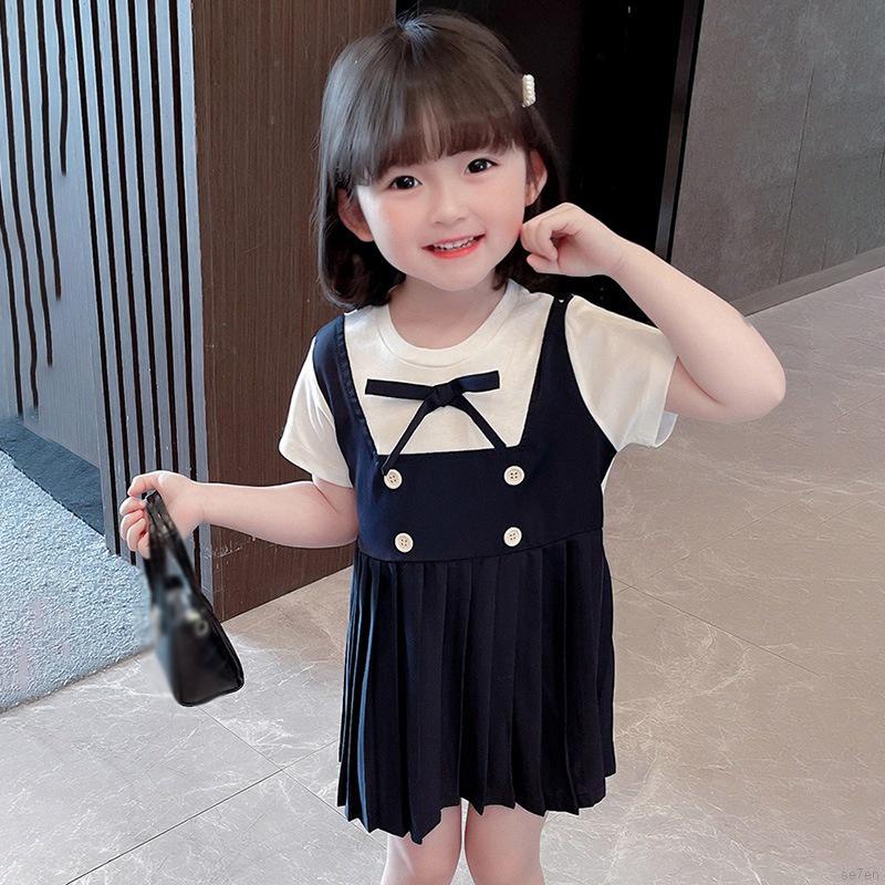 Đầm công chúa ngắn tay xếp ly màu trơn phong cách Hàn Quốc thời trang hè cho bé gái