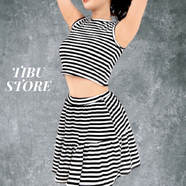 Set váy nữ body hoạ tiết kẻ sọc TIBU, Áo ba lỗ kèm chân váy xoè đuôi cá đáng yêu đi chơi đi biển