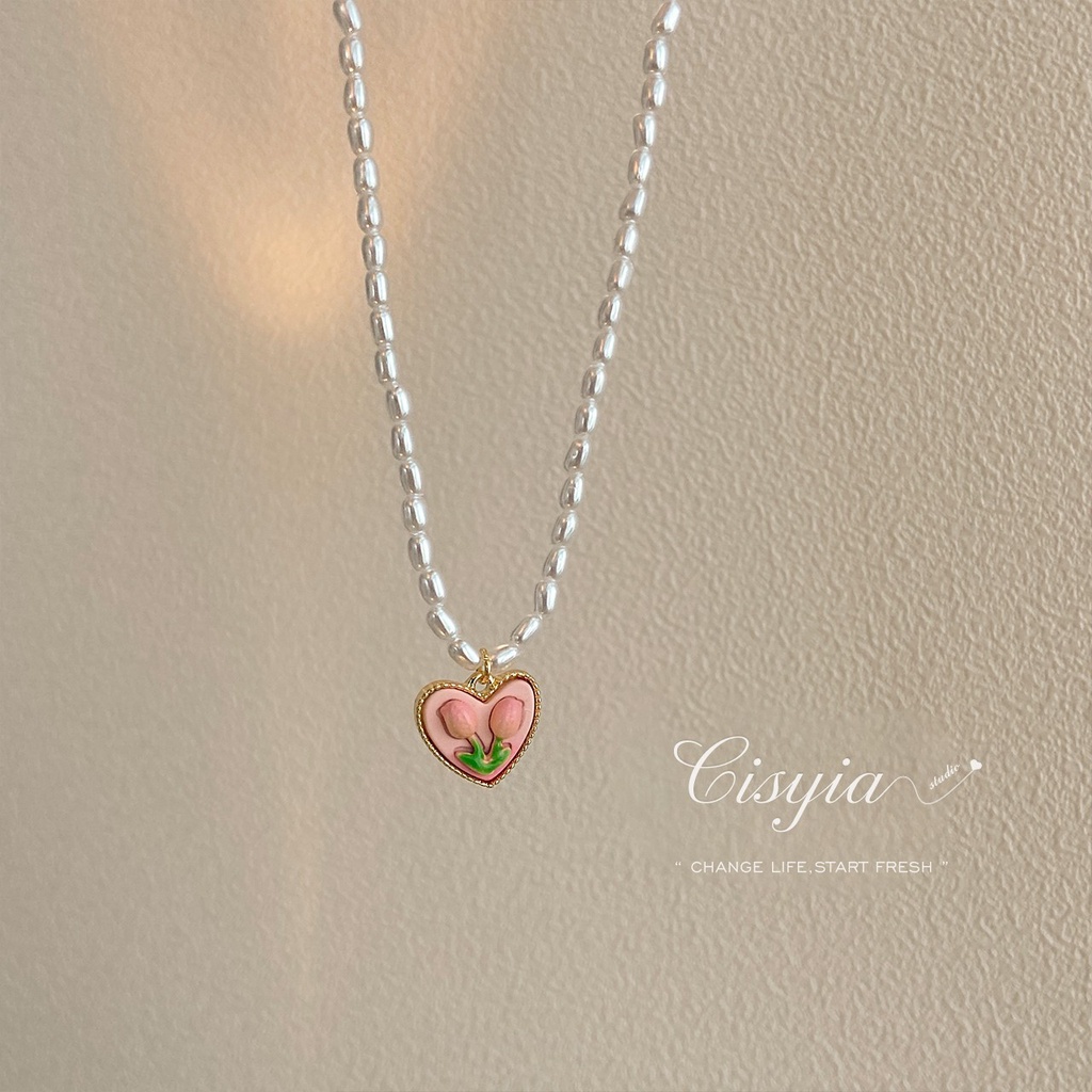 Vòng cổ Hoa Tulip Hồng Đính Hạt Ngọc Trai Thanh Lịch Cho Nữ