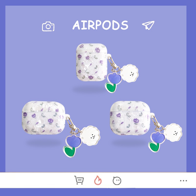 Vỏ bảo vệ hộp sạc tai nghe Bluetooth không dây Airpods 1/2/3 pro gắn hoa tulip in vỏ sò laser bắt mắt