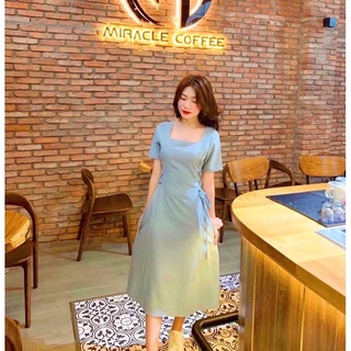 Đầm váy cổ vuông đan dây eo 6 màu