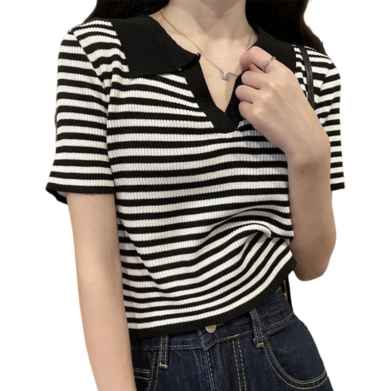 Áo Croptop Dệt Kim Tay Ngắn Cổ Chữ V Họa Tiết Kẻ Sọc Màu Sắc Tương Phản Thời Trang Mùa Hè Cho Nữ