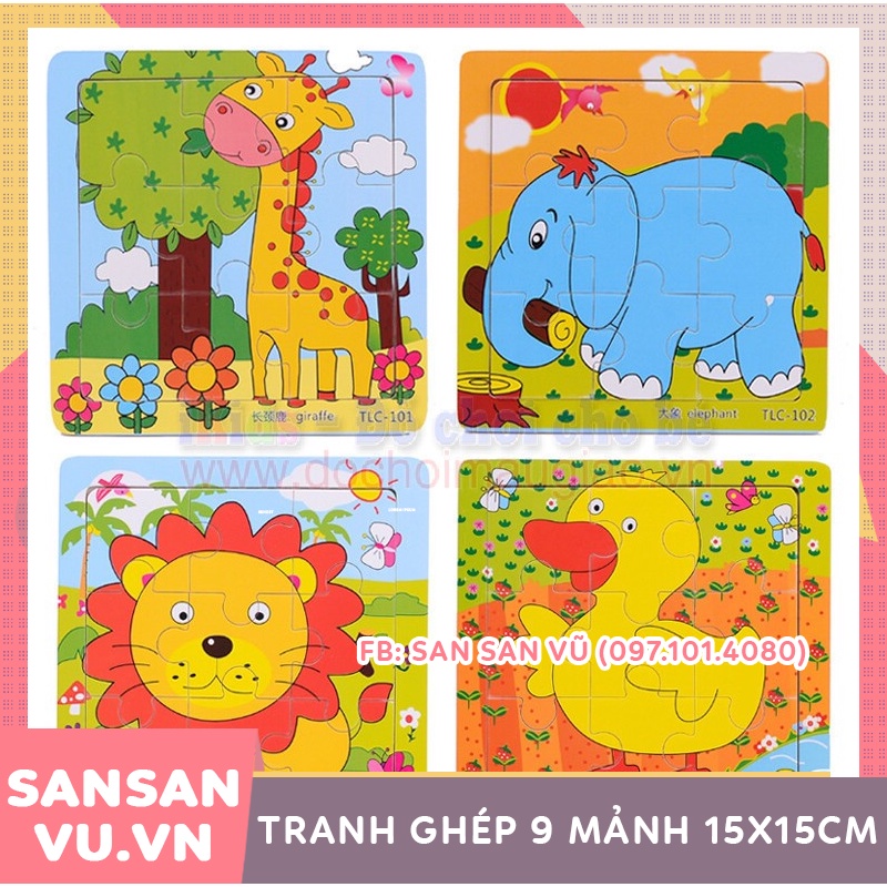 Tranh ghép hình 9 miếng loại lớn 15x15cm in hình ngộ nghĩnh bằng gỗ cho bé, đồ chơi xếp hình 9 miếng