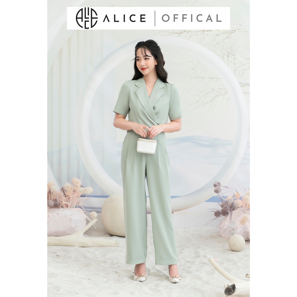 Set Đồ Công Sở Quần Dáng Suông, Áo Croptop Cổ Vest Thắt Dây Sau Lưng ALICE Chất Chéo Kaki Lót Lụa Cao Cấp S1019