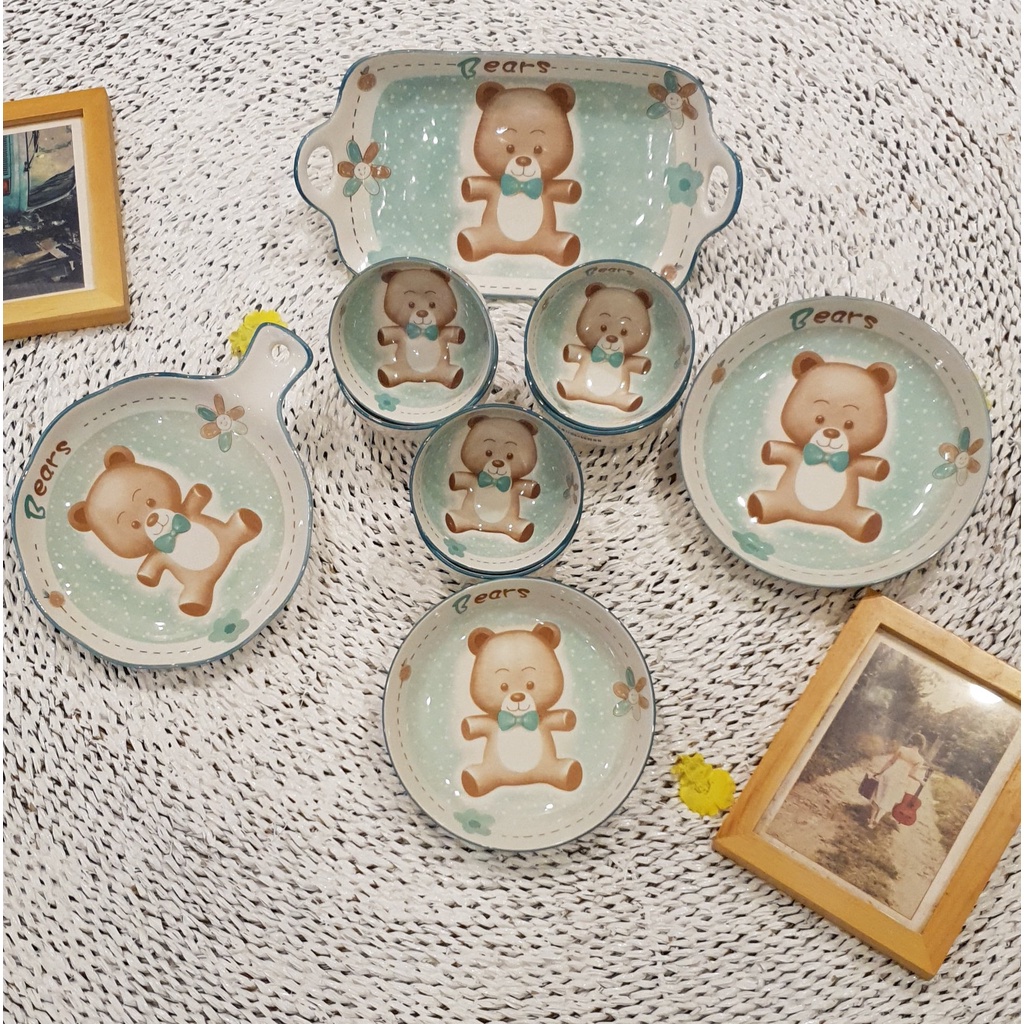 Bộ bát đĩa decor gốm sứ siêu đẹp Bộ gấu xanh siêu đẹp