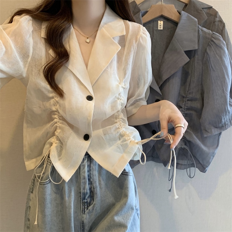 Áo sơ mi IELGY tay lửng cổ polo phối dây rút thời trang tùy chọn màu sắc dành cho nữ