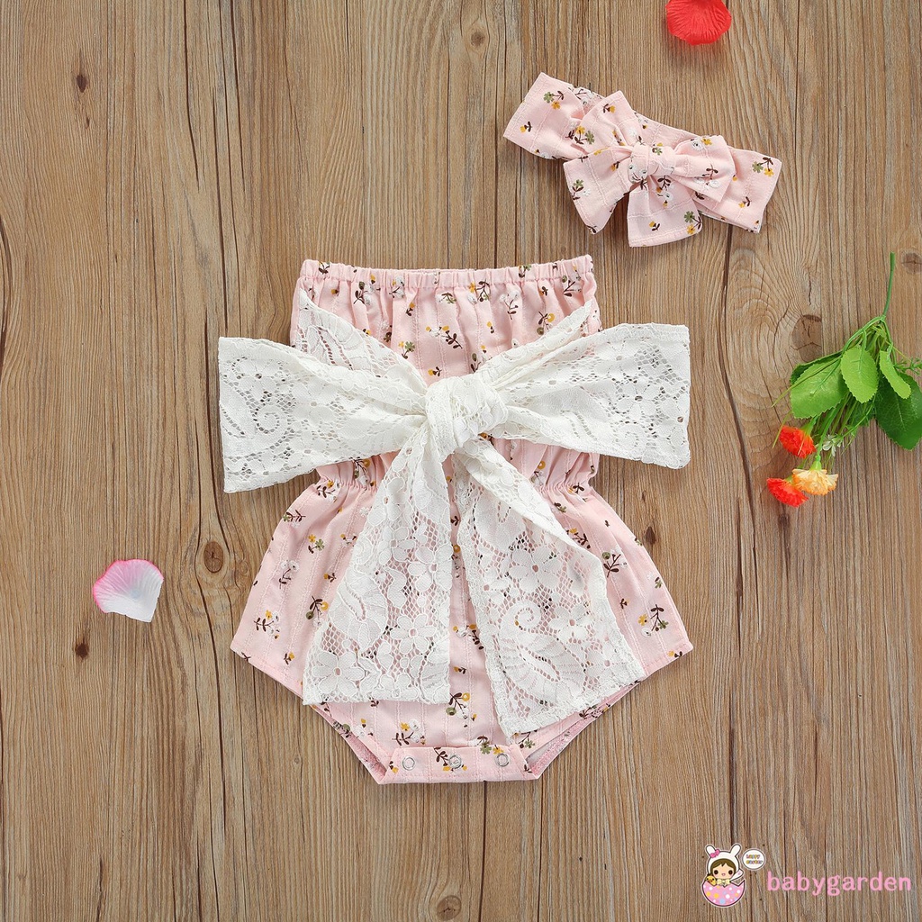 Set áo liền quần không tay + băng đô họa tiết hoa dành cho bé gái