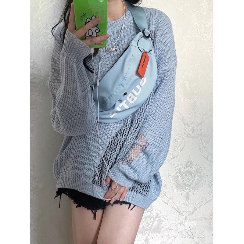 Áo sweater Dệt Kim Tay Dài Khoét Lỗ Kiểu Ngọt Ngào Thời Trang Mùa Thu Cho Bạn Gái