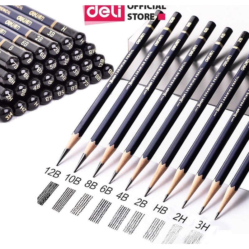 Bút chì phác thảo cao cấp Deli Độ cứng từ B - 14B, H, 2H, 3H, HB vẽ chuyên nghiệp mỹ thuật hội họa cụ đánh bóng khó gãy