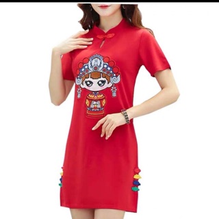 Combo váy đỏ sườn xám cam