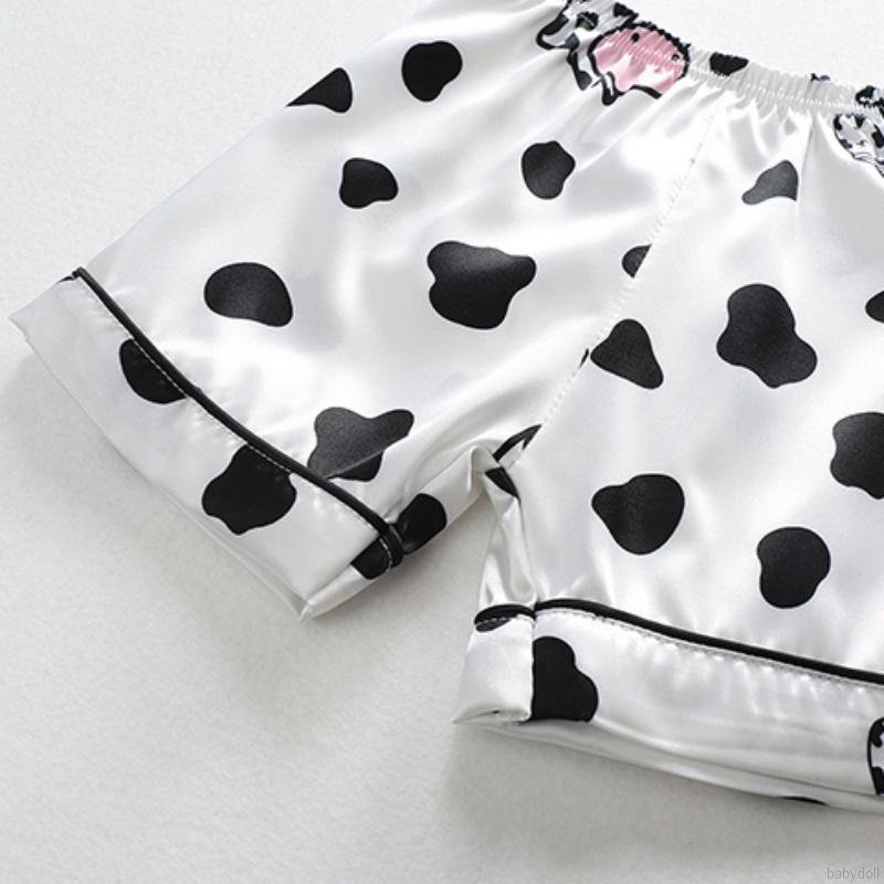 Set đồ ngủ quần short vải lụa lạnh ngắn tay in hình bò sữa cho bé 1-10 tuổi