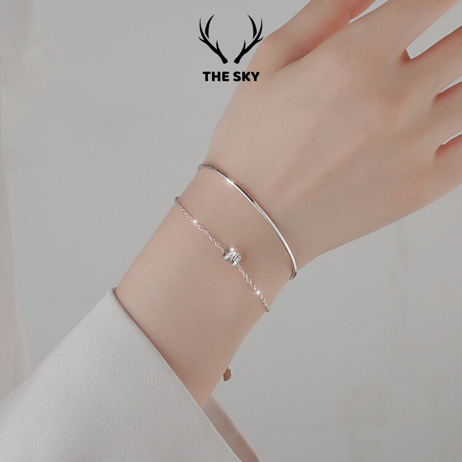 Vòng Tay Bạc Nữ THE SKY VT1021 Hai Dây Sợi Mảnh Kèm Mặt Bánh Xe Đá