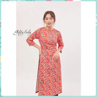 Áo Dài Nữ, Áo Dài Gấm Màu Đỏ Cổ Kiềng Tay Lững Họa Tiết Hoa Nhí Trẻ Trung Tinh Tế - Hàng Thiết Kế Cao Cấp | Giftylady