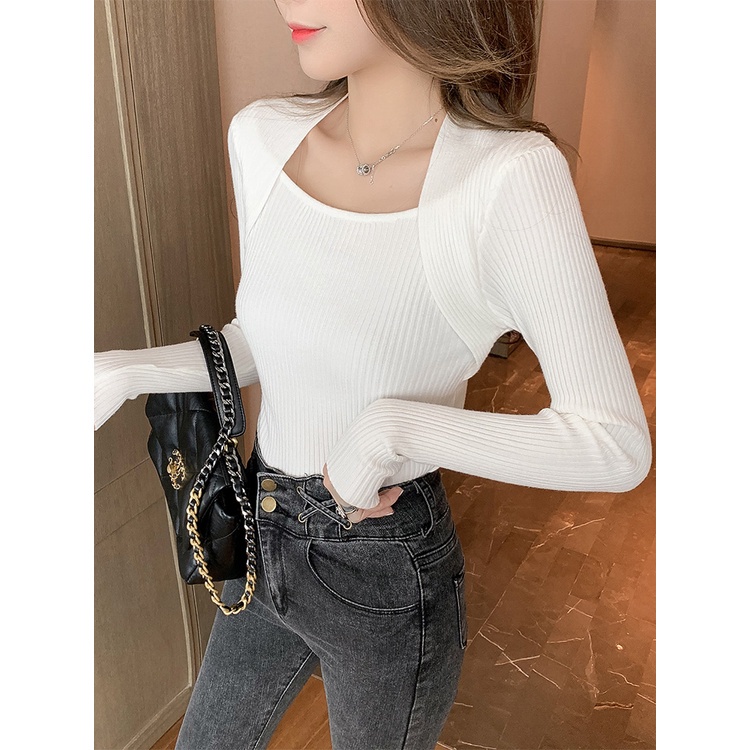 SUXI Áo Len Dệt Kim Tay Dài Cổ Vuông Thời Trang Hàn Quốc Phong Cách Mới Dáng Ôm Sang Trọng Dành Cho Bạn Nữ