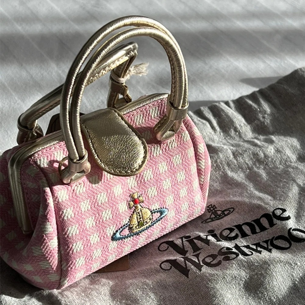 Túi Xách Tay Mini Sọc Ca Rô Màu Hồng Vivienne Westwood Pamela