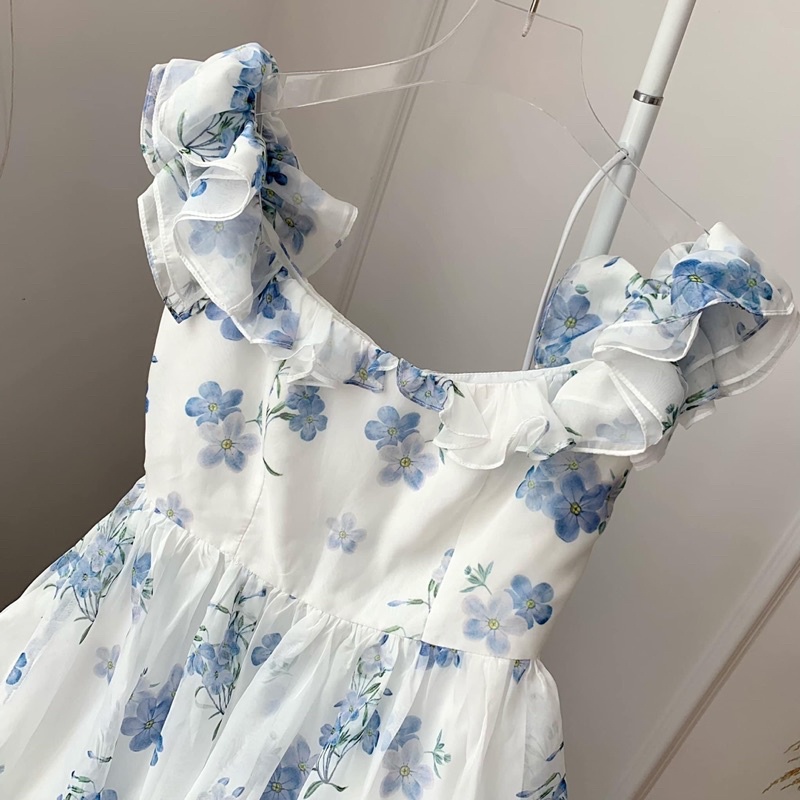 [ Ảnh thật / video ]  Đầm voan hoa xanh trễ vai siêu xinh