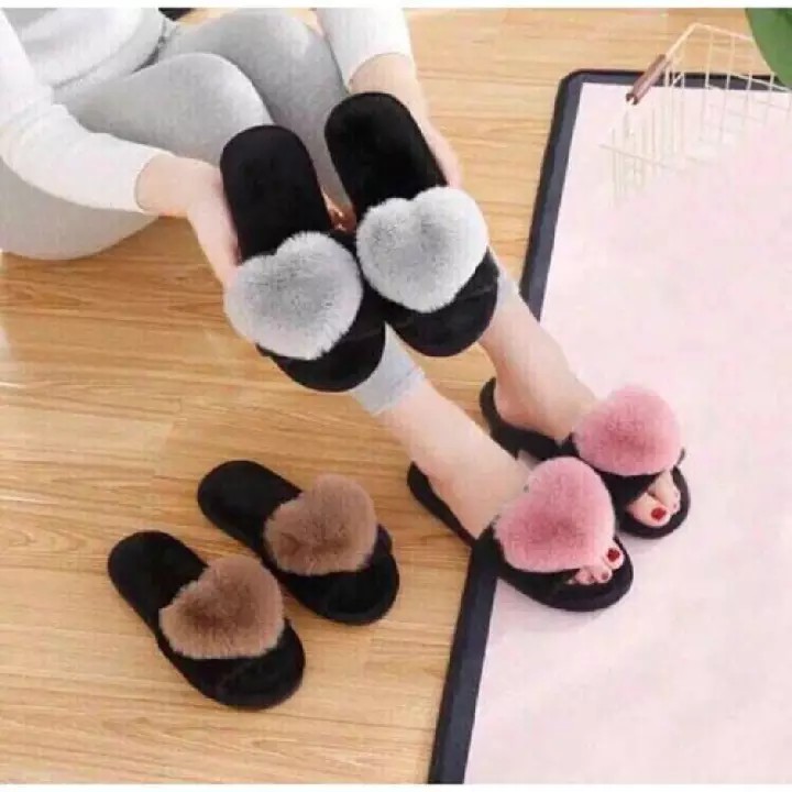 Dép Lê Nữ Nhung lông thỏ Đi Trong Nhà Văn Phòng Quai Trái Tim Quai Trơn Đế Cao Su Chống Trơn Trượt Bảo Vệ Sữ Khỏe