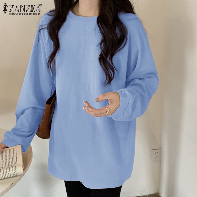 Áo kiểu dài tay ZANZEA cổ tròn màu trơn thời trang cho nữ